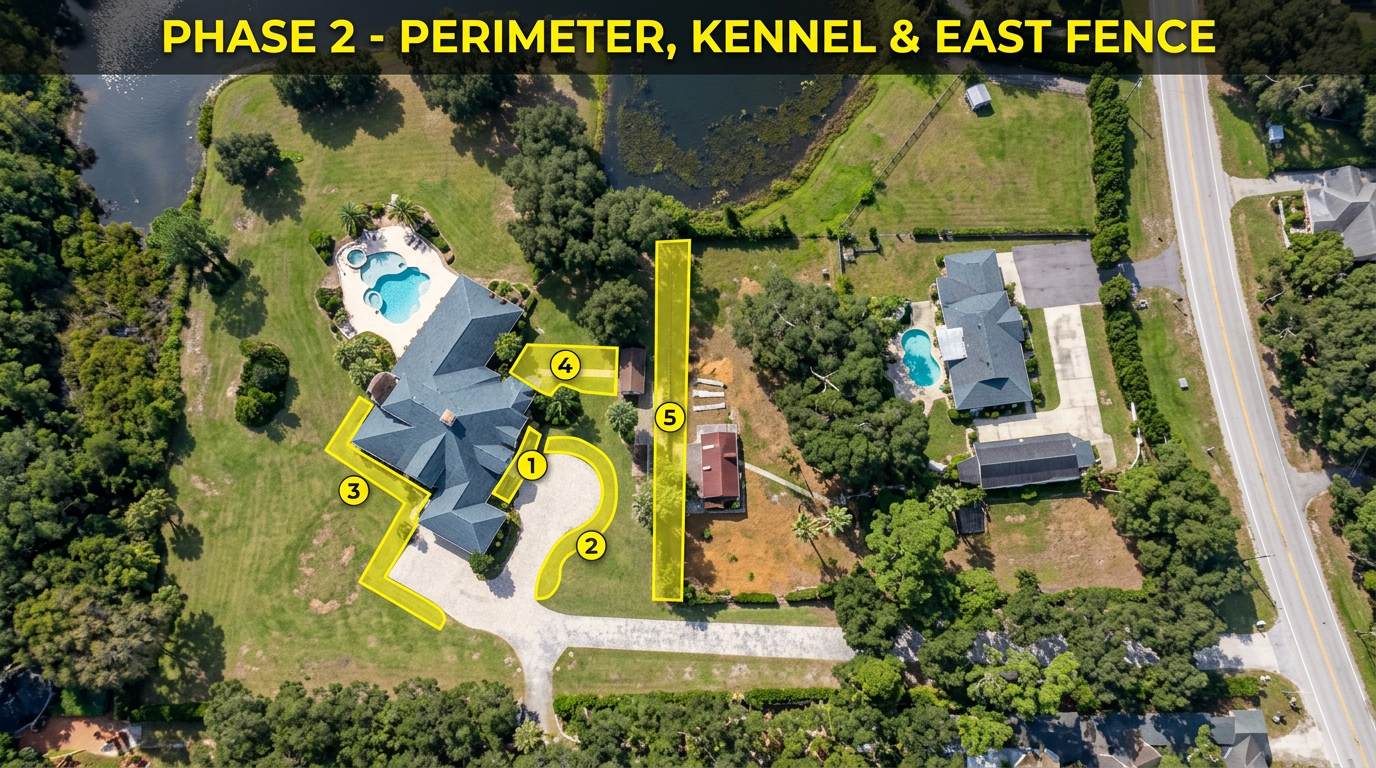 Phase 2 scope area aerial view - perimeter, kennel, and east fence highlighted