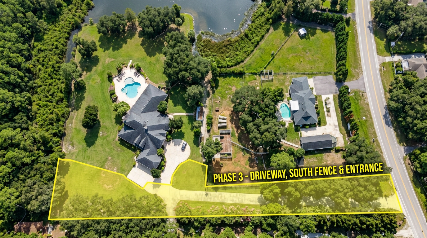 Phase 3 scope area aerial view - Gunn Hwy driveway, south fence, and entrance highlighted